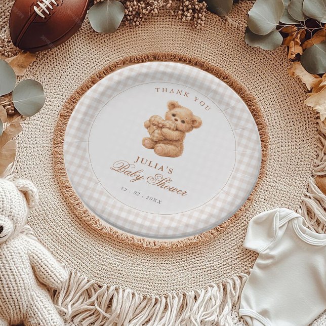 Brown Gingham Teddy Bear Neutral Baby Shower Paper Plates (Creator Uploaded)