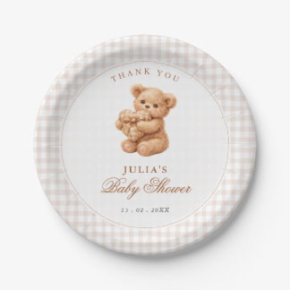 Brown Gingham Teddy Bear Neutral Baby Shower Paper Plates