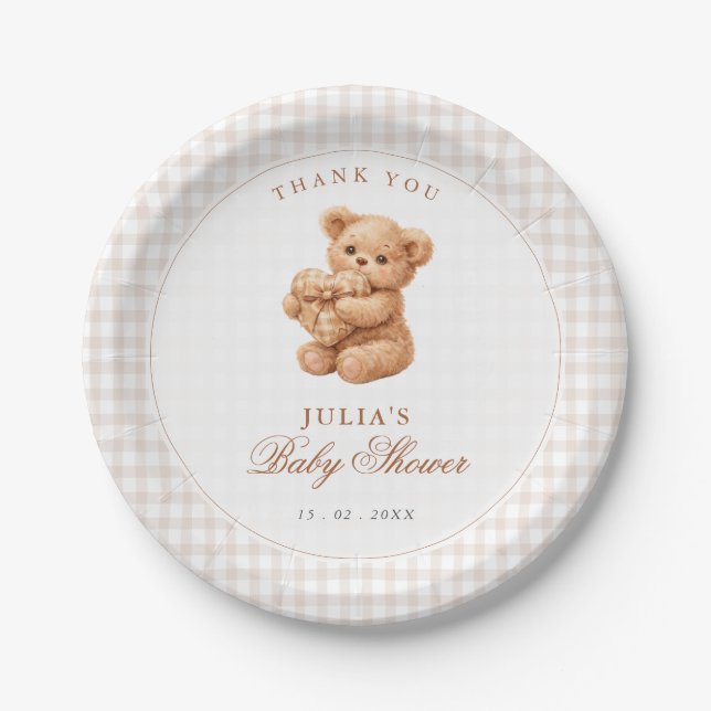 Brown Gingham Teddy Bear Neutral Baby Shower Paper Plates (Front)