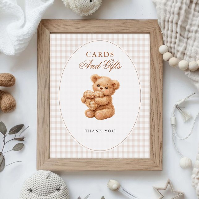 Brown Gingham Teddy Bear Neutral Baby Shower Paper Poster (Creator Uploaded)