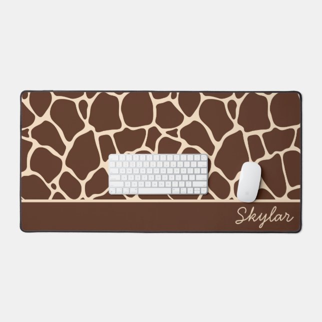Brown Giraffe Animal Print Custom Cursive Name Desk Mat (Keyboard & Mouse)