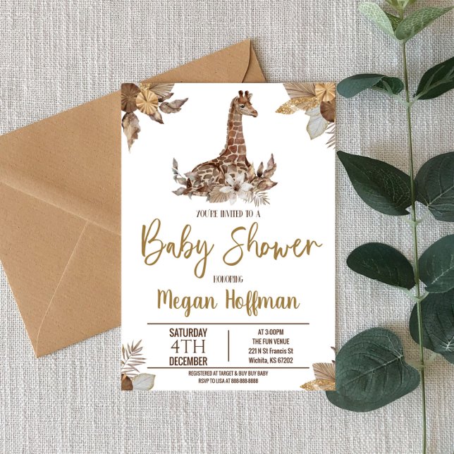 Brown Giraffe Themed Baby Shower Invite