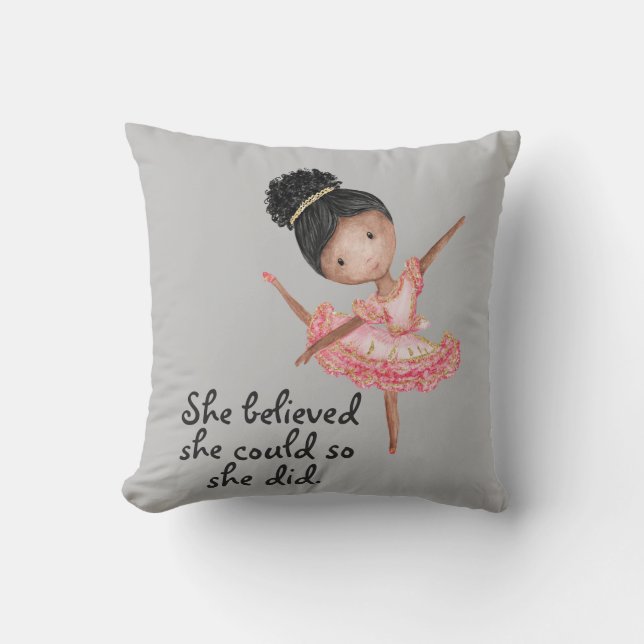 Brown Girl Ballerina with Quote Throw Pillow (Front)