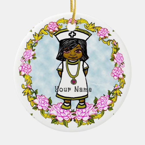 Brown Girl Nurse Roses custom name Ceramic Ornament