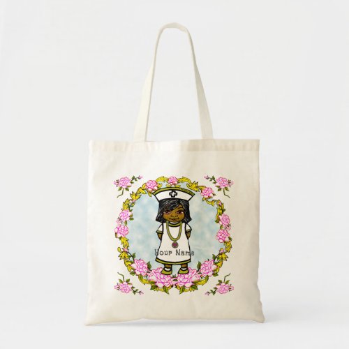 Brown Girl Nurse Roses custom name Tote Bag