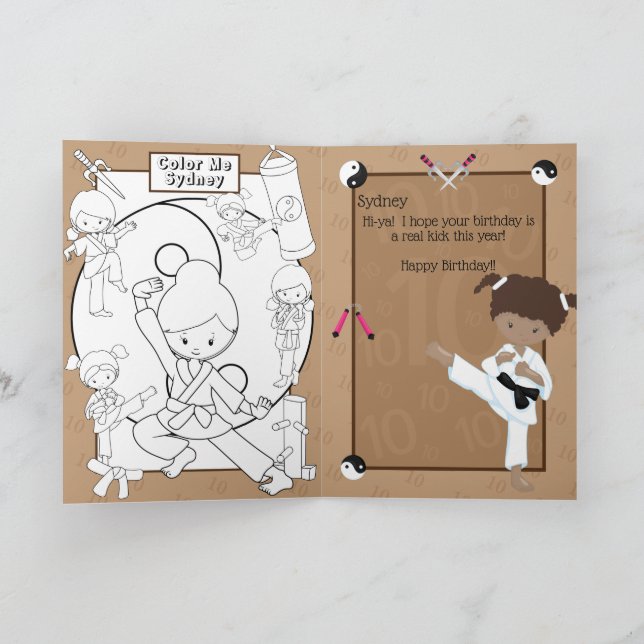 Brown Girls Karate Coloring Page Happy Birthday Card (Inside)