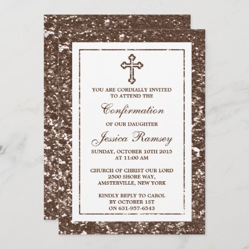 Brown Glitter Cross Holy Communion  Confirmation Invitation
