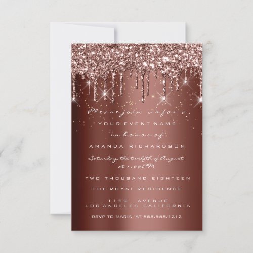 Brown Glitter Drips Rose Birthday Gold Confetti Invitation