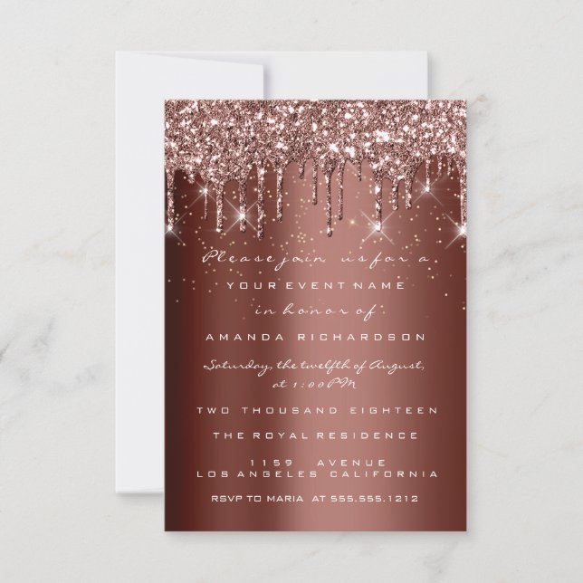 Brown Glitter Drips Rose Birthday Gold Confetti Invitation (Front)