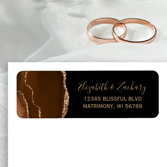 Brown Gold Agate Black Wedding Return Address Label (Creator Uploaded)