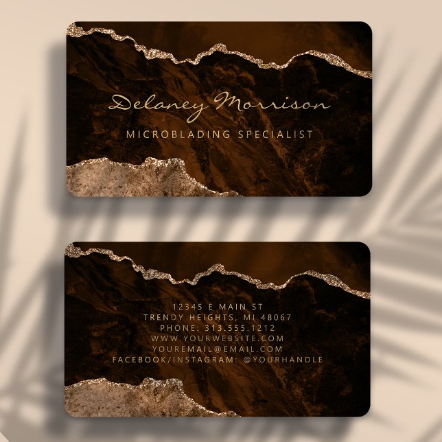 Brown Gold Agate Microblading Rounded Business Card (Creator Uploaded)