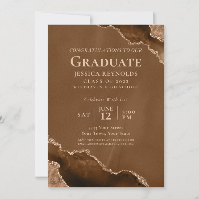 Brown Gold Agate Photo Graduation Party Invitation (Front)