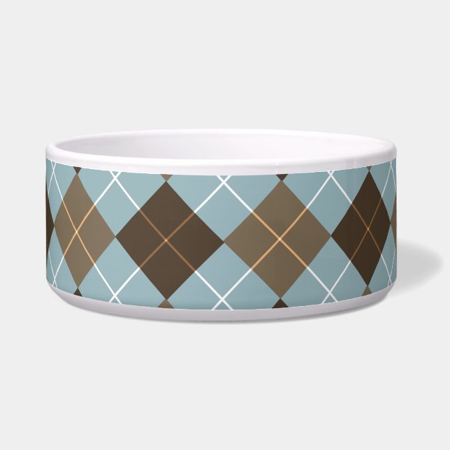 Brown, Gold, and Sky Blue Argyle Monogram Bowl (Front)