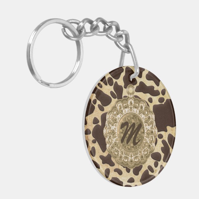 Brown & Gold Animal Print Antique Charm Initial Keychain (Front Left)