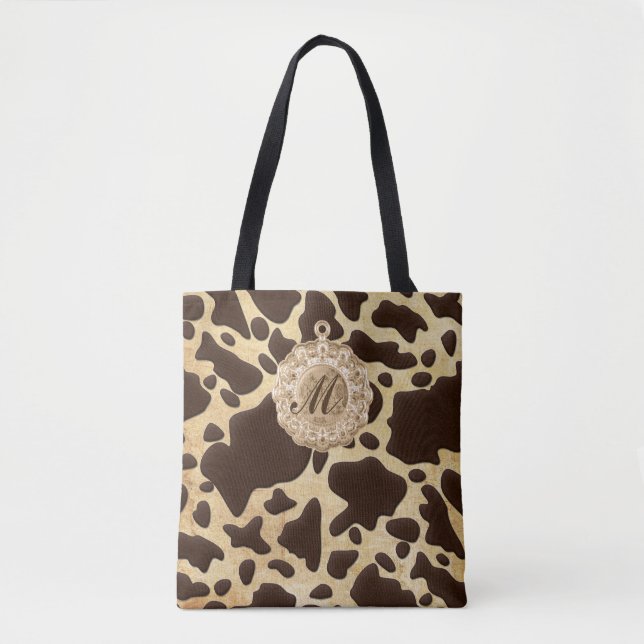 Brown & Gold Animal Print Antique Charm Initial Tote Bag (Front)