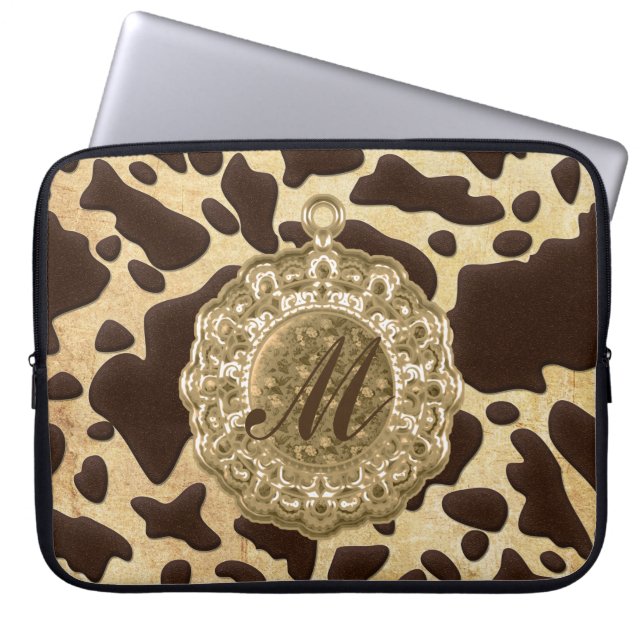 Brown & Gold Animal Print Antique Charm Laptop Sleeve (Front)