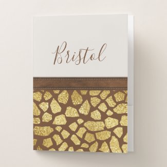 Brown & Gold Animal Print Faux Leather Trim Name Pocket Folder