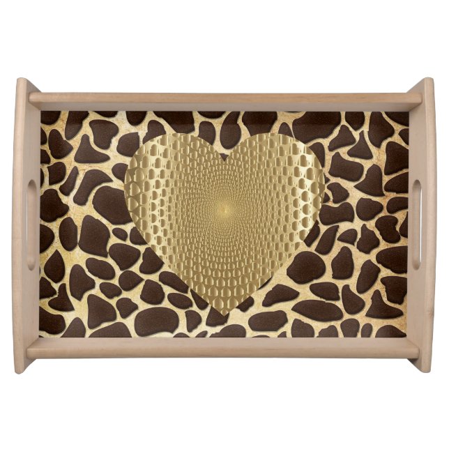 Brown & Gold Animal Print Golden Prismatic Heart Serving Tray (Front)