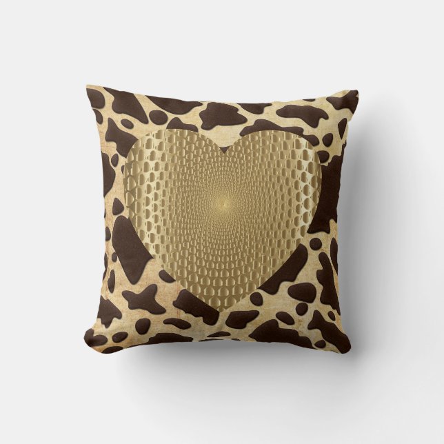 Brown & Gold Animal Print Golden Prismatic Heart Throw Pillow (Front)