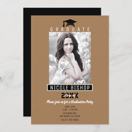 Brown Gold Black Graduation Photo Party Invitation