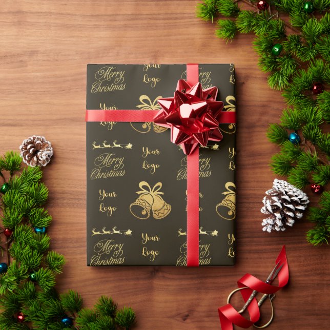 Brown Gold Chic Christmas Bell Retail Custom Logo Wrapping Paper (Holiday Gift)