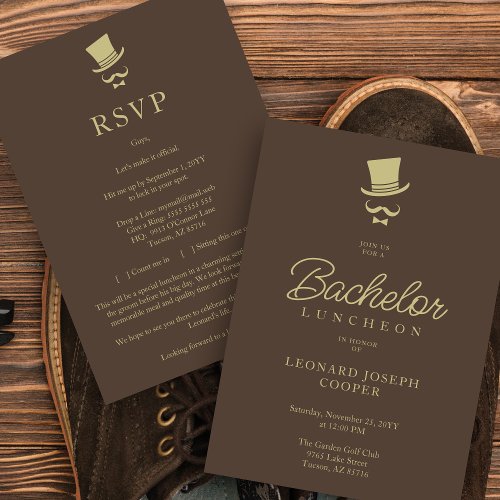 Brown Gold Chic Funny Gentleman Bachelor Luncheon Invitation