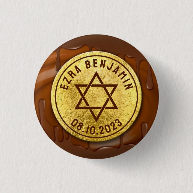 Brown Gold Chocolate Bar Mitzvah or Bat Mitzvah Button (Front)