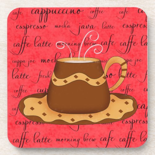 Brown Gold Coffee Cup Art on Red Script Background Coaster