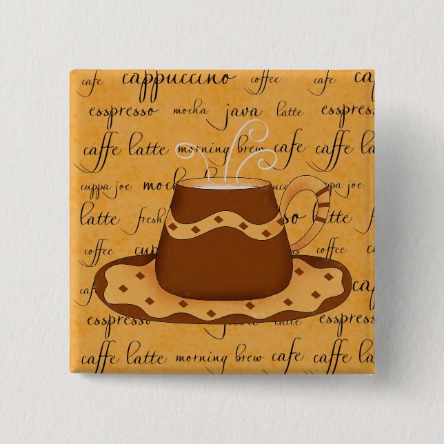 Brown Gold Coffee Cup Art on Script Background Button (Front)