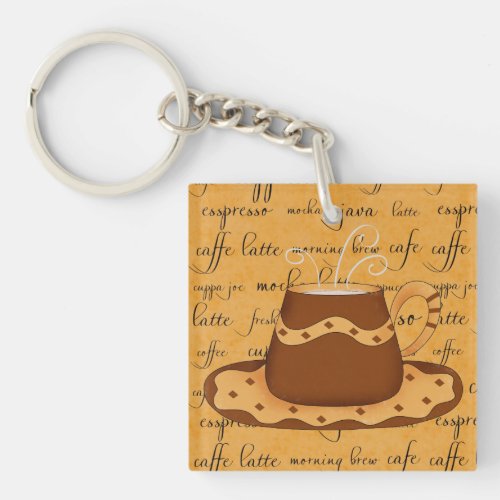Brown Gold Coffee Cup Art on Script Background Keychain