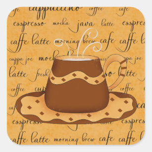 Brown Gold Coffee Cup Art on Script Background Square Sticker