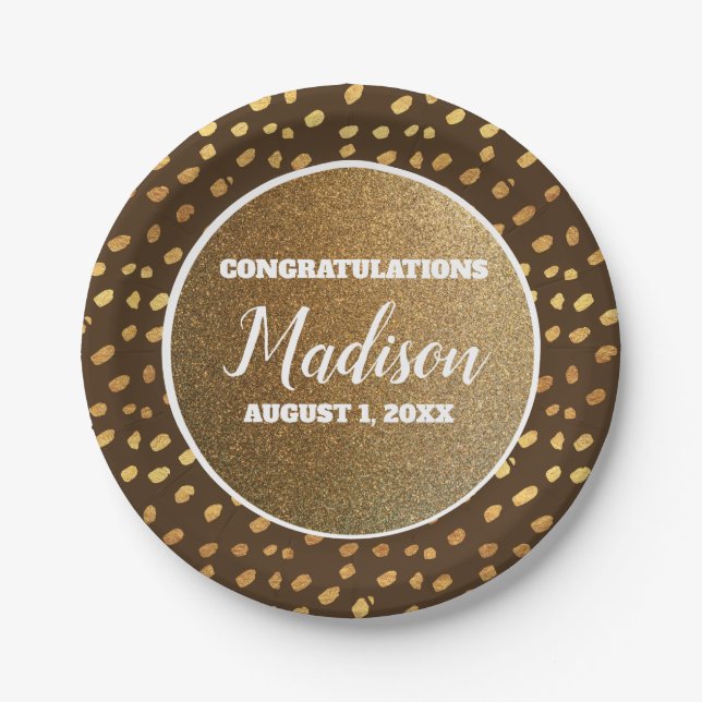 Brown Gold Confetti Graduation College Trunk Party Paper Plates (Front)