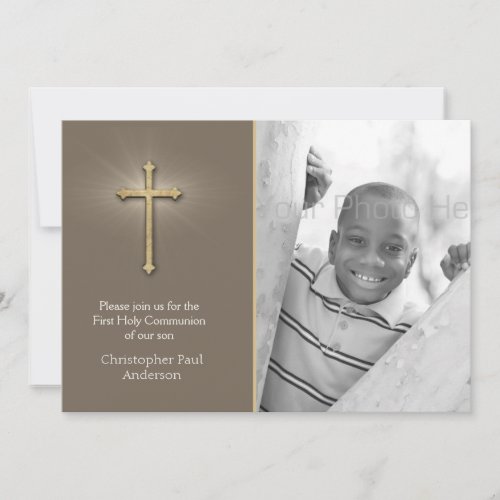 Brown, Gold Cross, Religious Photo Invite