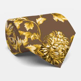 Brown & Gold Dahlias Floral Wedding Neck Tie