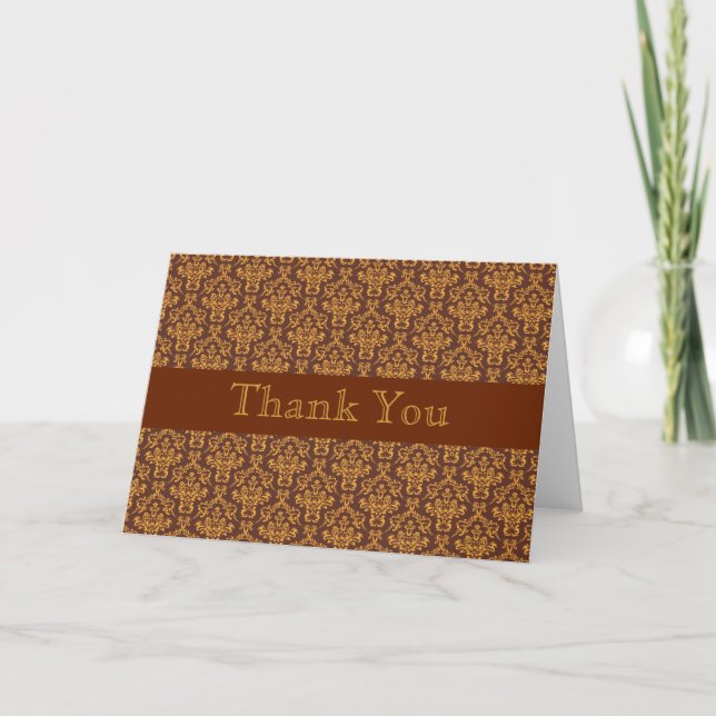 Brown Gold Damask Baby Shower Thank You Card (Front)