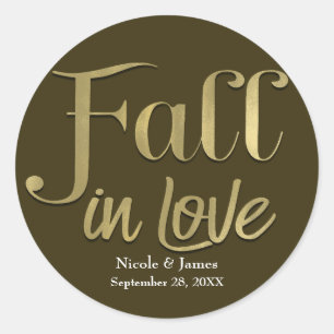 Brown & Gold Fall in Love Leaves Engagement Party Classic Round Sticker