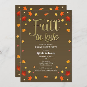 Brown & Gold Fall in Love Leaves Engagement Party Invitation