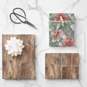 Brown Gold Faux Wood Red Floral Christmas Wrapping Paper Sheets