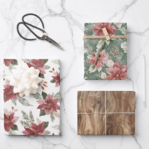 Brown Gold Faux Wood Red Green Floral Christmas Wrapping Paper Sheets