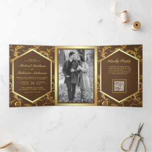 Brown Gold Flourish Swirl Photo QR Code Wedding Tri-Fold Invitation