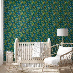 Brown Gold Flower Botanical Dark Teal Floral Wallpaper