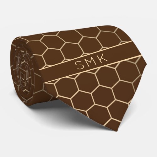 Brown Gold Geometric Honeycomb Beehive Monogram Neck Tie