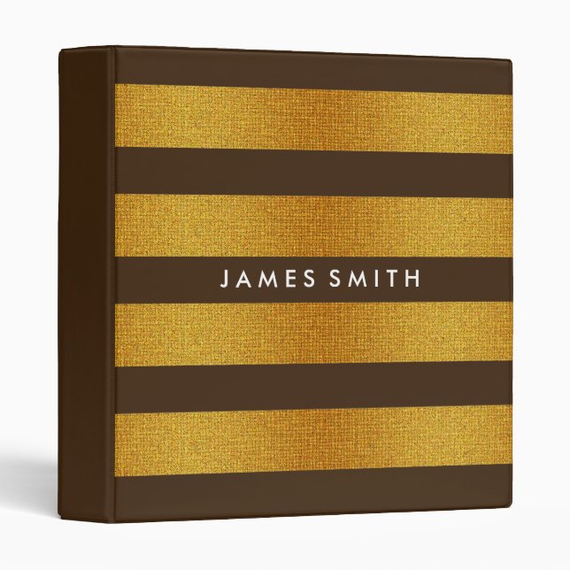 Brown & Gold Glitter Badge Striped Personalized 3 Ring Binder (Front/Spine)