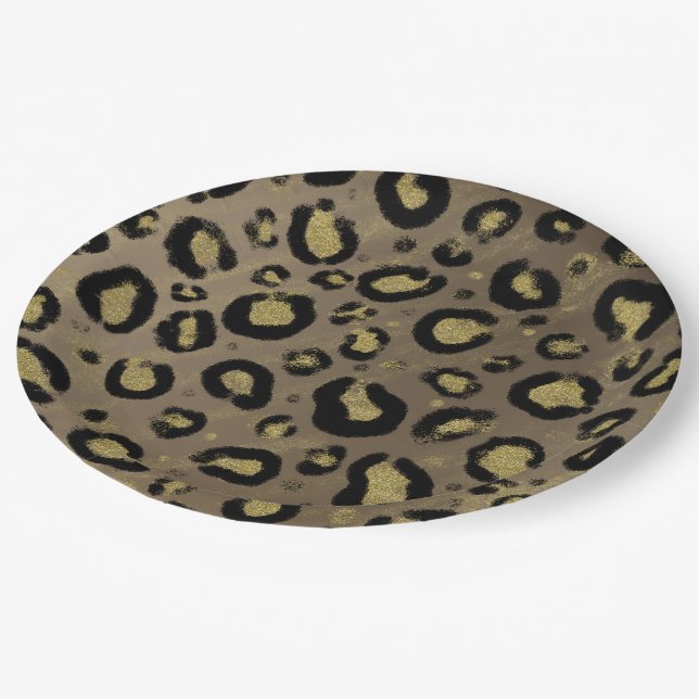 Brown Gold Glitter & Black Leopard Baby Shower Paper Plates (Angled)