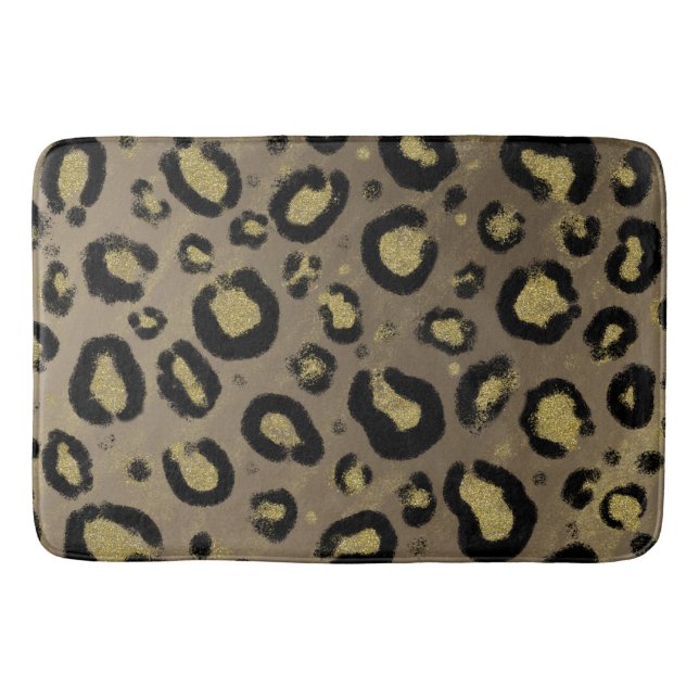 Brown Gold Glitter & Black Leopard Cheetah Print Bath Mat (Front)