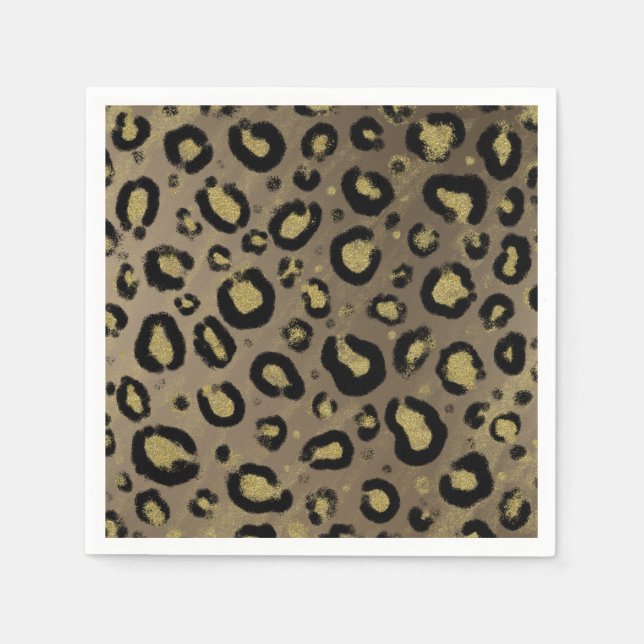Brown Gold Glitter & Black Leopard Cheetah Print Napkins (Front)