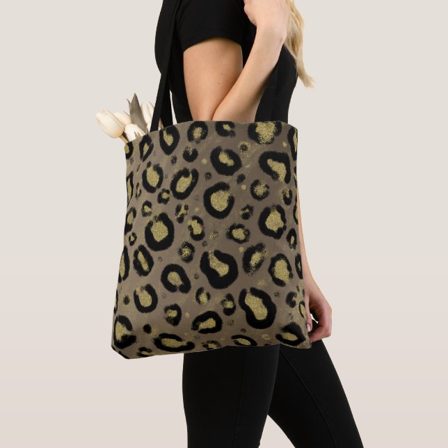 Brown Gold Glitter & Black Leopard Cheetah Print Tote Bag (Close Up)
