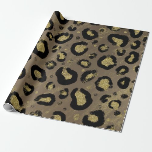 Brown Gold Glitter  Black Leopard Cheetah Print Wrapping Paper