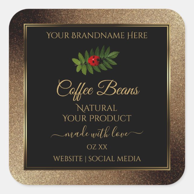 Brown Gold Glitter Black Product Labels Ladybug (Front)