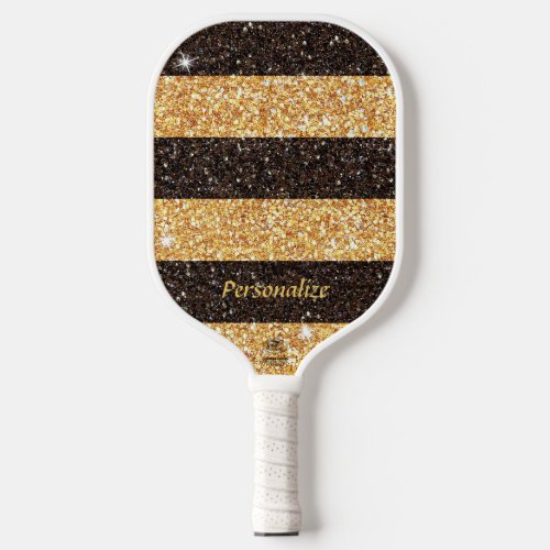 Brown Gold Glitter Bumblebee Stripes Sparkle Glam Pickleball Paddle